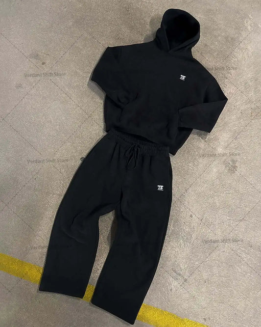 Black hoodie and wide-leg sweatpants set  Street-style minimalist fashion trend sportswear set Neutral-style streetwear fashion